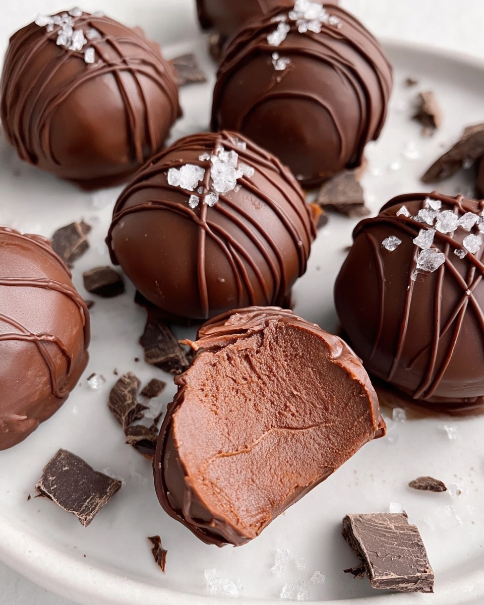 A close-up of a chocolate truffle cut in half shows two inside layers: a smooth, creamy dark chocolate center at the bottom and a thicker, textured chocolate filling above it, all coated in a glossy dark chocolate shell with gentle drizzles on top. The top of the truffle is decorated with coarse sea salt crystals. Behind this, several whole truffles with the same shiny chocolate coatings are softly blurred. Two small dark chocolate pieces lie beside the cut truffle on a white marbled surface with some scattered chocolate bits and slight drips. photo taken with an iphone --ar 4:5 --v 7