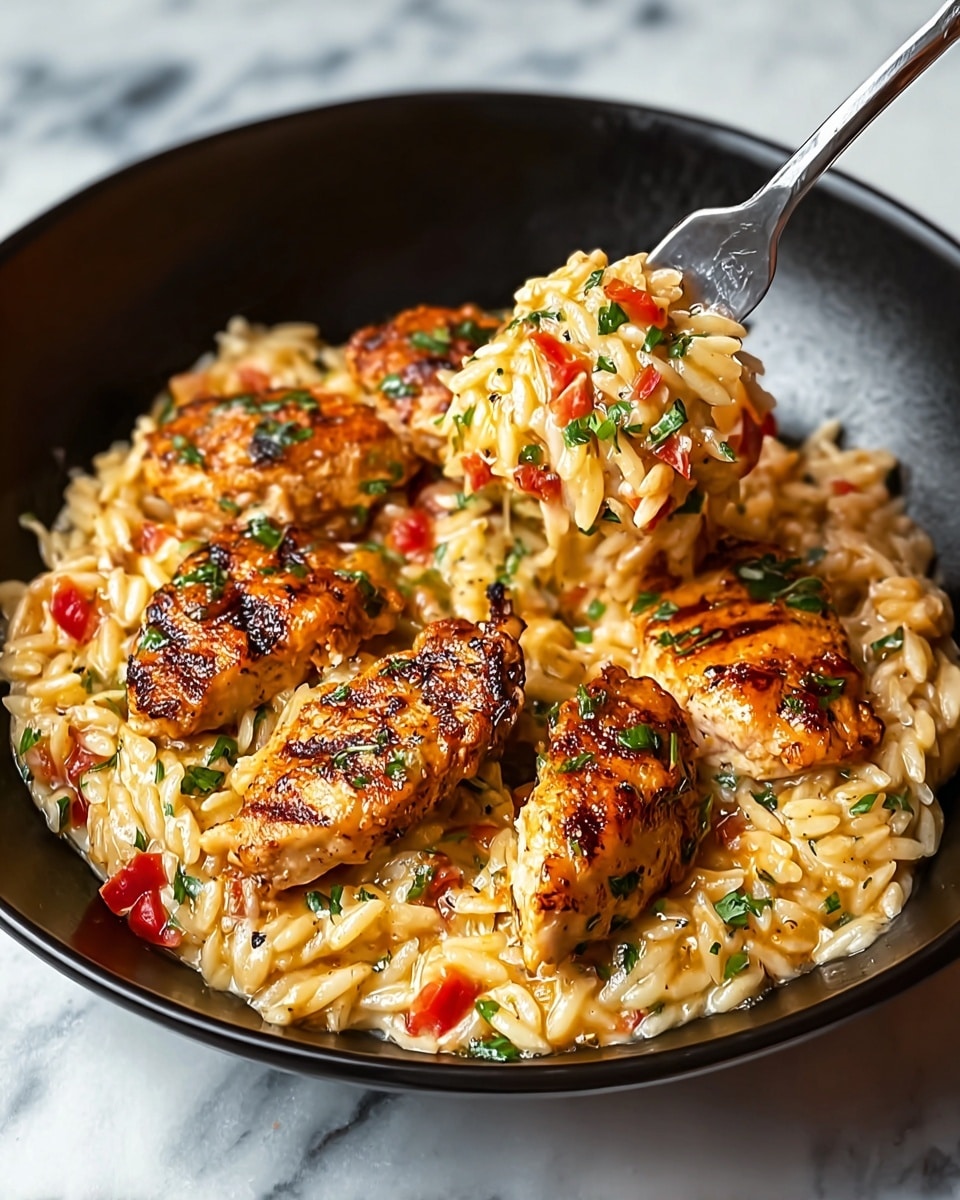 A black bowl holds creamy orzo pasta cooked to a soft texture with a light golden sauce mixed with small pieces of red peppers and green herbs, creating a colorful base layer. On top, several pieces of grilled chicken with a golden brown, slightly charred surface are arranged neatly, showing a juicy and tender texture. A silver fork lifts some of the chicken and orzo, adding a dynamic touch to the dish. The bowl is placed on a white marbled surface. photo taken with an iphone --ar 4:5 --v 7