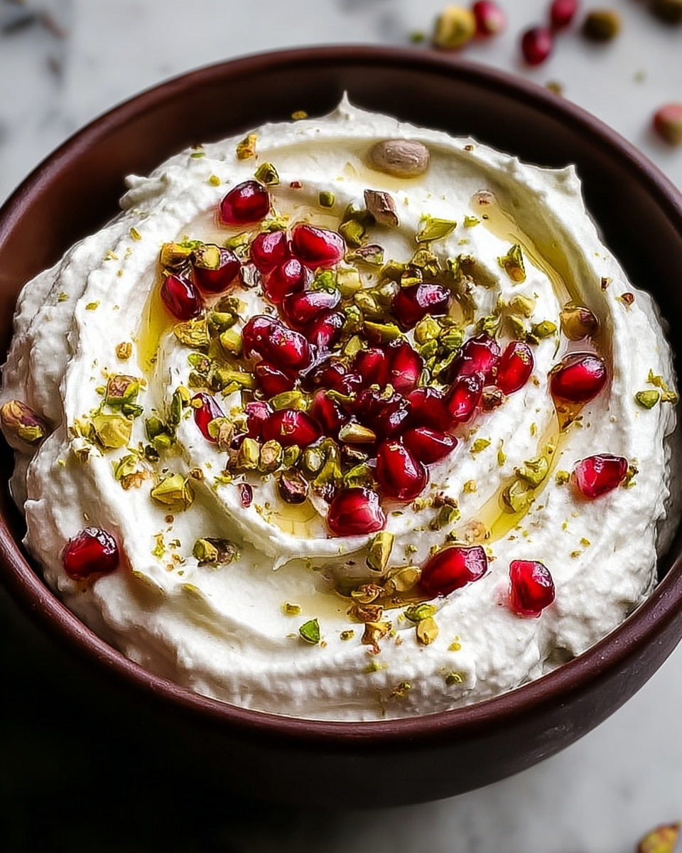 A dark brown bowl sits on a white marbled surface filled with a fluffy white cream layer that looks soft and slightly whipped, spread evenly and thick. The top is decorated with a mix of bright red pomegranate seeds and small, roughly chopped green pistachios scattered in the center, with a drizzle of golden olive oil shining lightly on the cream. The cream has gentle swirls and peaks around the edges, showing its creamy texture. Photo taken with an iphone --ar 4:5 --v 7