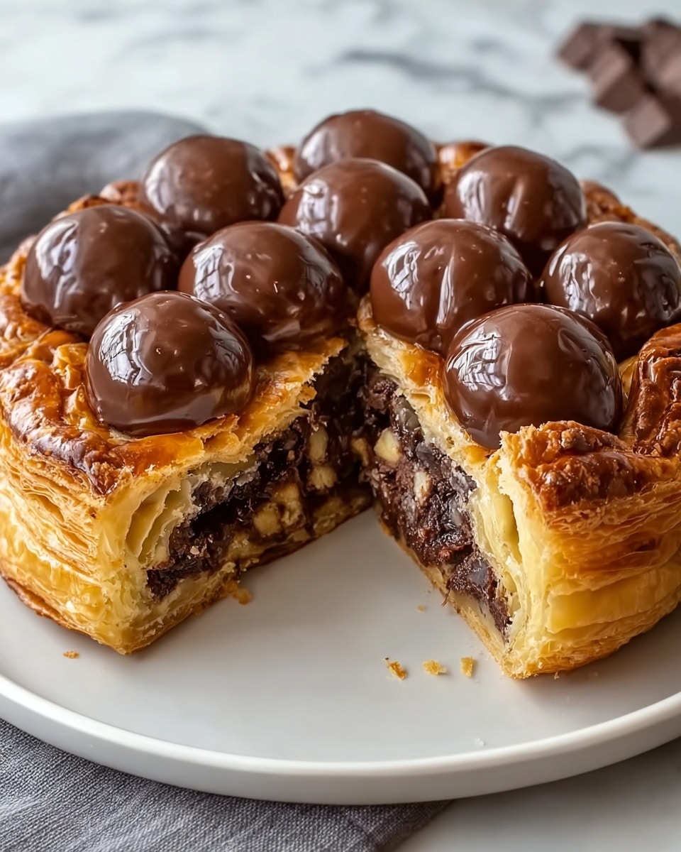 A pastry with golden brown layered flaky crust forms the base and sides, cut open to reveal a dense chocolate filling mixed with chunks inside. On top of the pastry, there are many large smooth dark chocolate blobs arranged evenly, giving a rich and glossy look. The pastry is placed on a simple white plate, set on a white marbled surface that shows a bit of a grey cloth at the edge. photo taken with an iphone --ar 4:5 --v 7