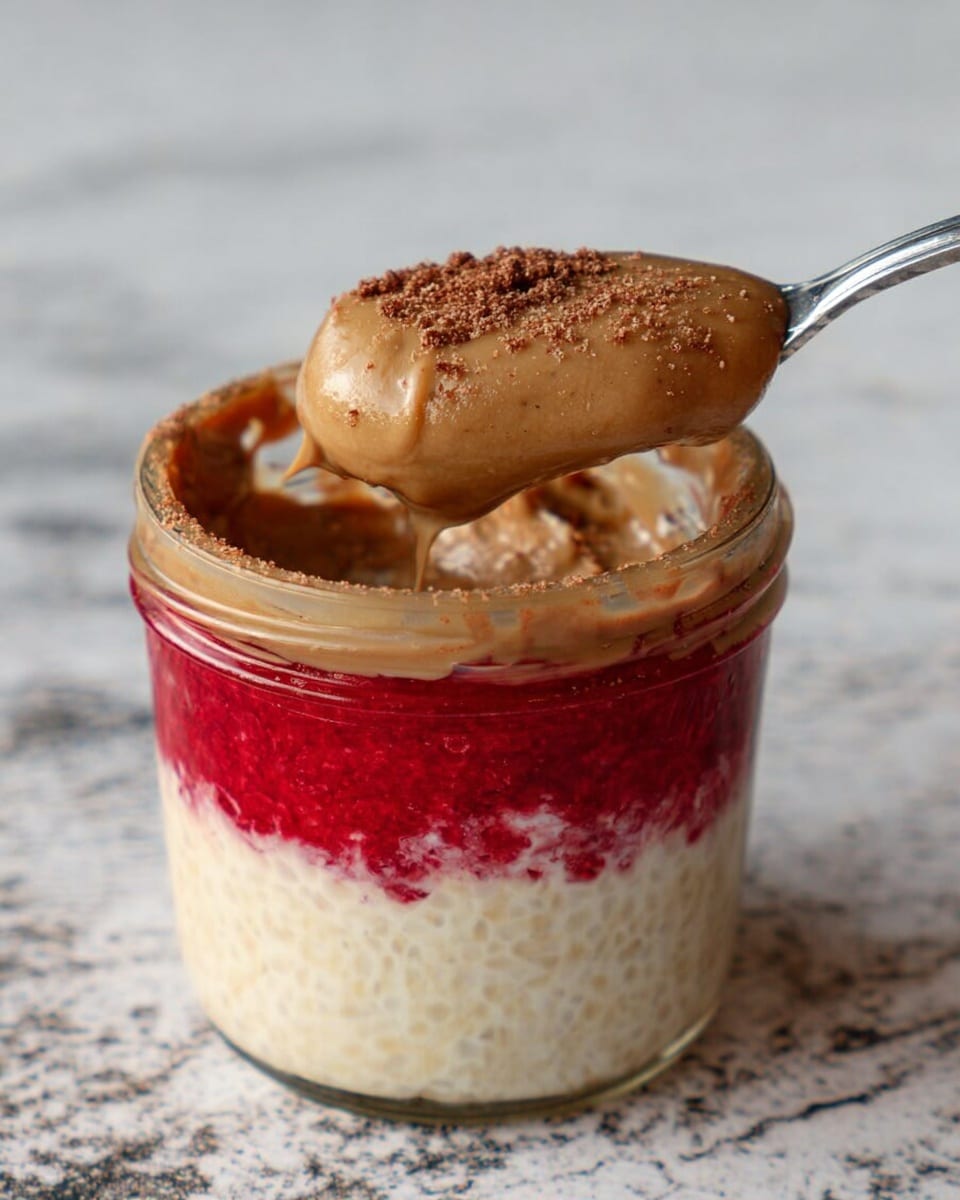 A clear glass jar filled with three visible layers: the bottom layer is bright red with a smooth, slightly thick texture; the middle layer is creamy white with a soft, grainy texture, blending gently with the red layer; the top layer is a smooth, thick caramel brown spread covering the jar’s surface, sprinkled lightly with fine crumbs. A silver spoon scoops from the top, showing all three layers on it. The background is a white marbled texture. Photo taken with an iphone --ar 4:5 --v 7