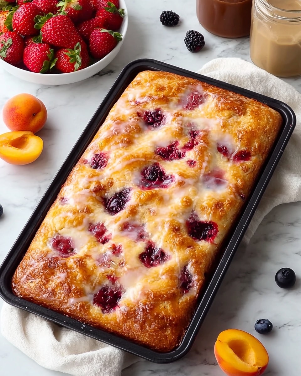 A rectangular baked dessert in a black tray sits on a white marbled surface. The dessert has a golden brown crust with a glossy light glaze spread unevenly on top. There are several red berry pieces, likely raspberries or cherries, embedded throughout the top layer, creating spots of deep red color. The texture of the dessert looks soft with slight puffed areas, and the glaze adds a shiny, slightly translucent finish. In the background, there are fresh strawberries in a white bowl, an apricot, blueberries, blackberries, and two small jars with brown and beige contents, all placed on the white marbled surface. A white cloth is casually draped near the tray. photo taken with an iphone --ar 4:5 --v 7