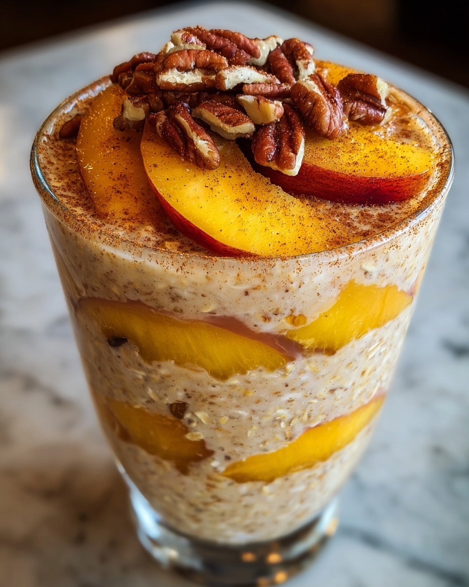 A clear glass cup filled with multiple layers, starting at the bottom with a yellow fruit layer, likely peaches, followed by a thick creamy oatmeal layer mixed with small oats. The middle has another yellow fruit layer visible between the oatmeal layers. The top layer is creamy oatmeal with chunks of yellow fruit peeking through. The surface is sprinkled with cocoa or cinnamon powder and topped generously with pecan nuts, which are chunky and dark brown. The glass cup sits on a white marbled texture. Photo taken with an iphone --ar 4:5 --v 7