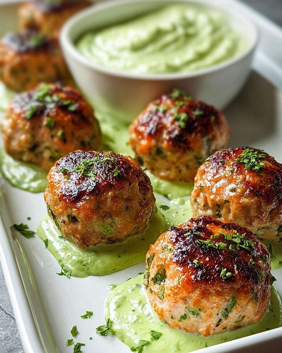 The image shows a white rectangular tray holding seven golden brown, round meatballs with a slightly crispy outer layer and green herb bits visible inside each ball. The meatballs are placed on a light green sauce that is spread thinly on the tray with scattered chopped herbs on top. In the back of the tray, there is a white bowl filled with a smooth and creamy pale green dip. The overall setting is simple with a focus on the food's warm and fresh colors. photo taken with an iphone --ar 4:5 --v 7