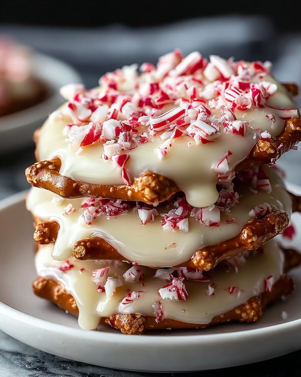 The image shows a close-up of three stacked round pretzels with a rough texture and golden-brown color. Each pretzel is topped with a thick layer of white chocolate covering the entire top surface, slightly dripping on the edges. On top of the white chocolate, there are uneven pieces of crushed candy canes in red and white colors, scattered across all three pretzels, adding a festive appearance. The pretzels are placed on a white plate resting on a white marbled surface, with a blurred dark background. Photo taken with an iphone --ar 4:5 --v 7