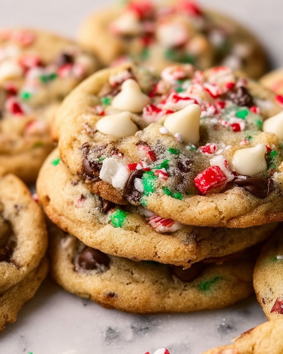 The image shows a close-up of a stack of cookies on a white marbled background. Each cookie has a golden-brown edge with a soft, light tan center filled with melted dark and white chocolate chips. Bright red and green candy bits, some shaped like small peppermint sticks, are scattered on the surface, adding splashes of color. The cookies have a slightly rough, crumbly texture with small cracks and shiny melted chocolate spots. Photo taken with an iphone --ar 4:5 --v 7