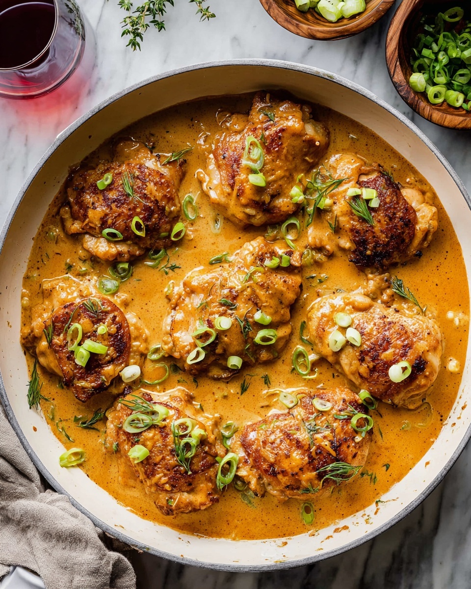 A white pan filled with eight pieces of browned chicken thighs, each piece thick and juicy, covered in a smooth, thick, orange-brown creamy sauce that pools around the meat. Small green onion slices are scattered on top of the chicken and sauce, adding a fresh pop of color. The white pan sits on a white marbled surface with a wooden bowl of green onions and scattered herbs nearby, and a glass of red drink partly visible in the corner. photo taken with an iphone --ar 4:5 --v 7