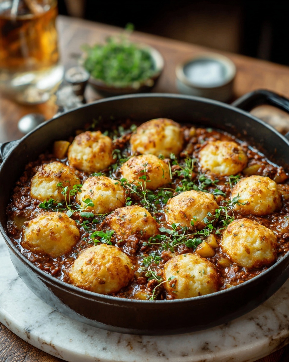 A dark pan holds a rich brown meat sauce mixed with small chunks of vegetables, mostly potatoes, covering the base. On top of the sauce, there are approximately eleven golden brown, round dumplings, puffed and lightly browned on their surface, arranged evenly across the pan. Small green herb pieces are scattered over both the dumplings and sauce, adding a fresh contrast. The pan sits on a white marbled textured surface, with blurred green herbs and small containers in the background. The lighting is warm and natural. Photo taken with an iphone --ar 4:5 --v 7