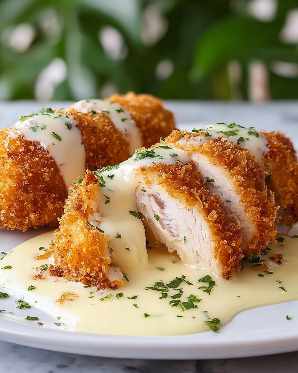 The image shows three pieces of golden brown breaded chicken cut open to reveal tender white meat inside. Each piece is covered with smooth, creamy white sauce that drips down to the white plate below. The sauce is sprinkled with small fresh green herb pieces, adding a touch of color. The chicken's crispy texture contrasts with the silky sauce around it, and the plate sits on a white marbled surface with blurred green foliage in the background. Photo taken with an iphone --ar 4:5 --v 7