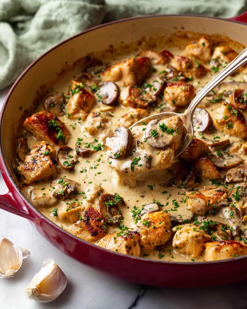 A close-up view of a rich cream sauce dish in a deep red pan, filled with browned chicken pieces and sautéed mushrooms, all coated in a thick, creamy beige sauce with finely chopped green herbs sprinkled on top. The chicken pieces are golden brown and slightly crispy on the edges, mixed evenly with sliced mushrooms that have a soft, sautéed texture. A silver spoon lifts a portion, showing a good mix of chicken and mushrooms dripping with the creamy sauce. The pan sits on a white marbled surface with a soft blurred light green cloth in the background and two garlic cloves nearby. Photo taken with an iphone --ar 4:5 --v 7