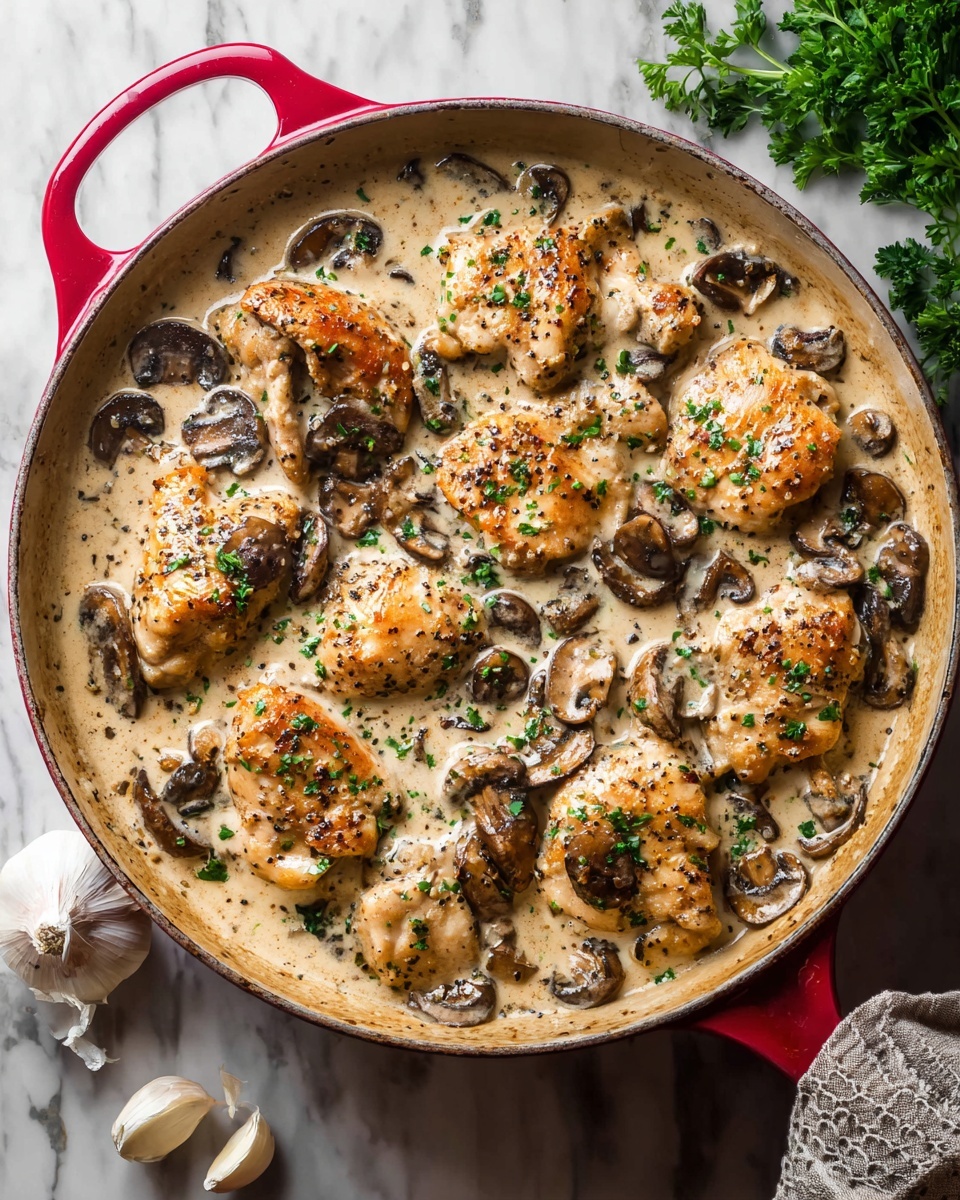 A red skillet filled with creamy mushroom chicken, showing about ten golden-brown chicken pieces spread across the pan, each topped with herbs and pepper. The creamy sauce is pale beige with specks of black pepper, while dark brown sliced mushrooms are scattered throughout, mixing into the sauce and sitting on top of the chicken. The dish is sprinkled with fresh green parsley, adding a touch of color contrast. The pan sits on a white marbled surface with garlic cloves and parsley nearby. photo taken with an iphone --ar 4:5 --v 7