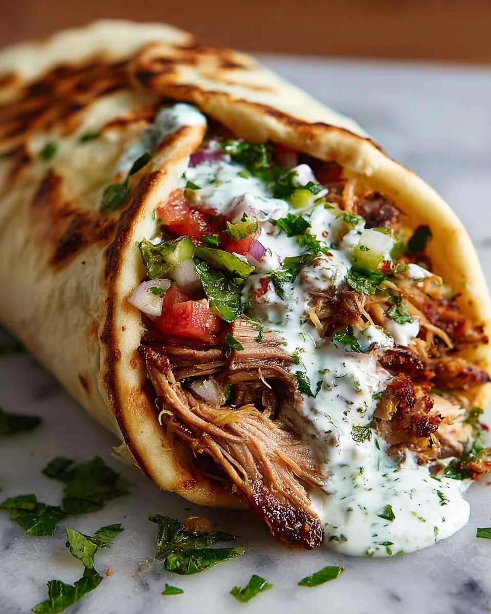 A close-up of a wrap showing three main layers inside a soft, lightly toasted flatbread. The first bottom layer is shredded, grilled meat with a brown, slightly crispy texture. Above this is a mix of fresh, finely chopped tomato and onion bits with green herbs adding color. On top is a creamy white sauce with flecks of green herbs, drizzled thickly. Some of the fresh green herbs are also sprinkled around the wrap, which is resting on a white marbled surface. photo taken with an iphone --ar 4:5 --v 7