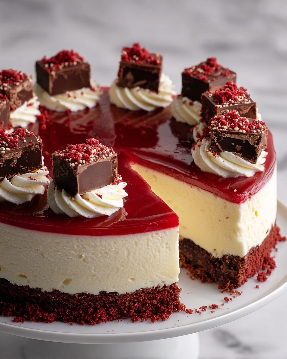 A round cake with three visible layers: the bottom layer is a crumbly dark red cake base, the middle layer is thick, smooth, and creamy white cheesecake, and the top layer is a shiny, deep red jelly glaze. On top of the cake, there are six swirls of white cream evenly spaced around the edge, each topped with a thick cube of chocolate dessert sprinkled with red crumbs. The cake is on a white plate, placed over a white marbled surface. Photo taken with an iphone --ar 4:5 --v 7