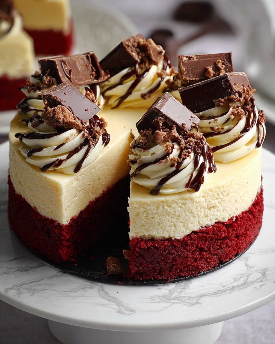 A round cake with two thick layers sits on a white plate with a white marbled texture under it; the bottom layer is a deep red velvet with a moist, crumbly texture, and the top layer is a smooth, creamy light yellow cheesecake. The cake is topped with five swirls of pale cream frosting, each decorated with a thick drizzle of dark chocolate sauce, chocolate crumb sprinkles, and two pieces of dark chocolate squares. A single slice is removed, revealing the soft inside and the contrast between the red and yellow layers. The background is softly blurred. photo taken with an iphone --ar 4:5 --v 7