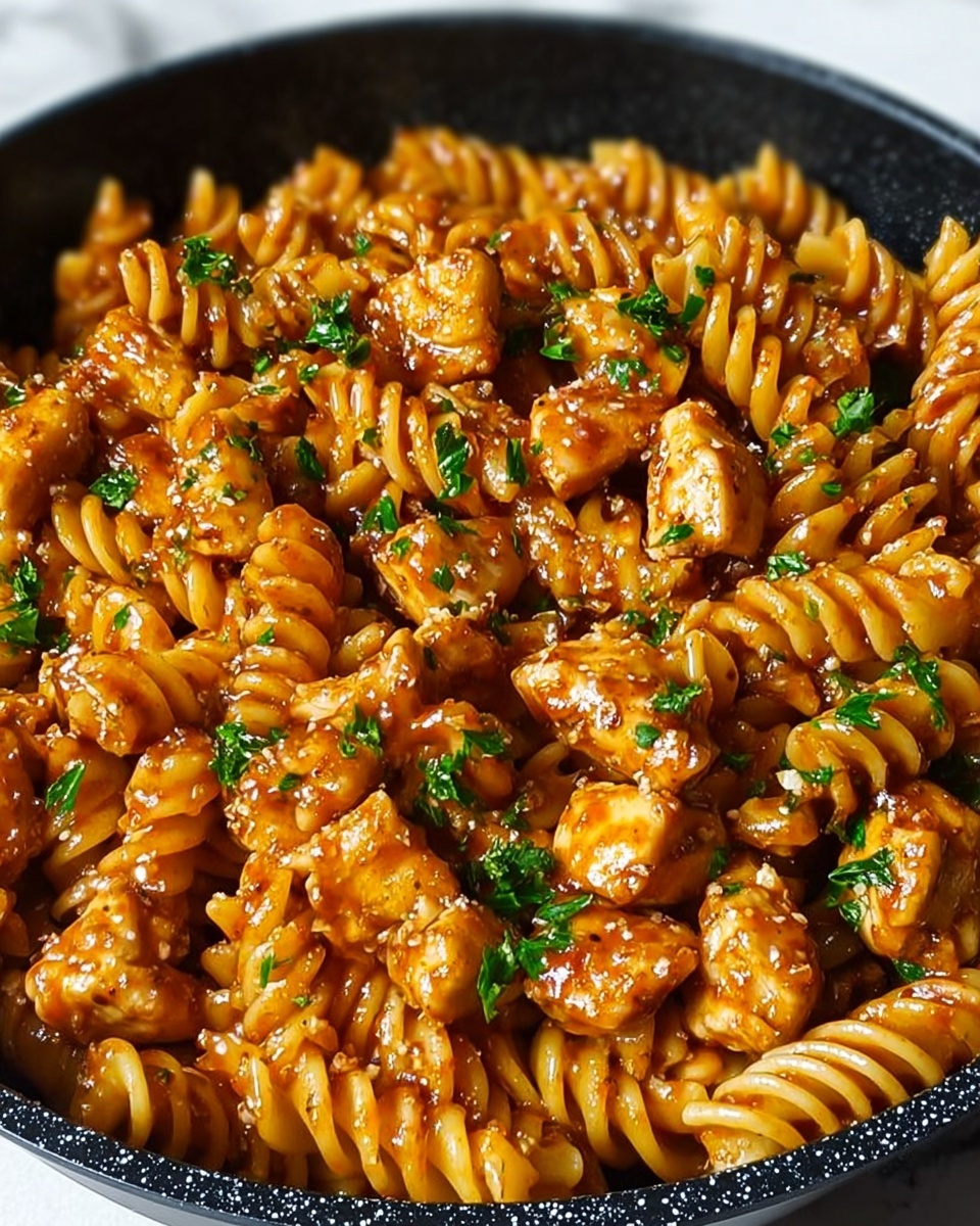 A close-up view of a black speckled pan filled with rotini pasta and small chunks of chicken, all coated evenly in a shiny, rich, reddish-brown sauce. The pasta spirals are tightly packed and glistening, with pieces of chicken scattered throughout, showing a cooked, slightly browned texture. Bright green parsley leaves are sprinkled on top, adding a fresh contrast to the warm colors of the dish. The background is a white marbled texture. Photo taken with an iphone --ar 4:5 --v 7