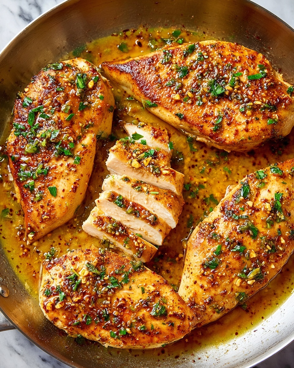 The image shows four pieces of cooked chicken breasts in a shiny metal pan, with one piece sliced into even strips. Each chicken piece is golden brown with a topping of finely chopped herbs and coarse spices, giving a textured look on the surface. The chicken is sitting in a pool of glossy, golden-brown sauce dotted with small bits of seasoning, adding a shiny and moist appearance. The background is a white marbled texture visible around the pan edges. photo taken with an iphone --ar 4:5 --v 7