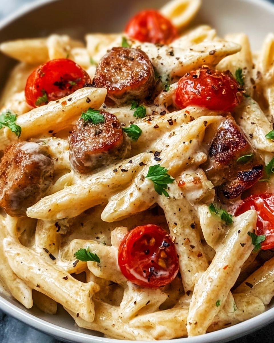 Close-up of creamy penne pasta with three layers visible: the bottom layer is tender penne pasta covered in white creamy sauce, the middle layer shows browned sausage pieces with a slight crispy texture, and the top layer has sliced red cherry tomatoes and small green parsley leaves scattered around. The pasta has a light sprinkling of black pepper and herbs, adding texture and color contrast. The dish is served in a white bowl, all placed on a white marbled surface. photo taken with an iphone --ar 4:5 --v 7