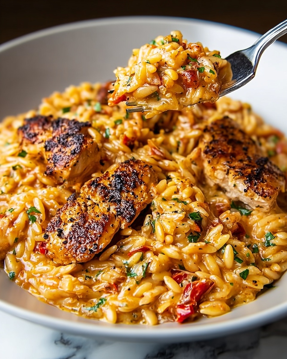 A close-up of a creamy orzo pasta dish in a deep white plate, with several pieces of golden-brown grilled chicken on top. The orzo is cooked in a rich orange-tinted sauce, speckled with small green herbs and bits of red, possibly roasted peppers or sun-dried tomatoes. The chicken pieces have a charred texture with visible black pepper and seasoning, creating contrast in color. A fork lifts a portion of the orzo and chicken, showing the creamy texture and the mix of colors and herbs clearly. The background is a white marbled surface. photo taken with an iphone --ar 4:5 --v 7