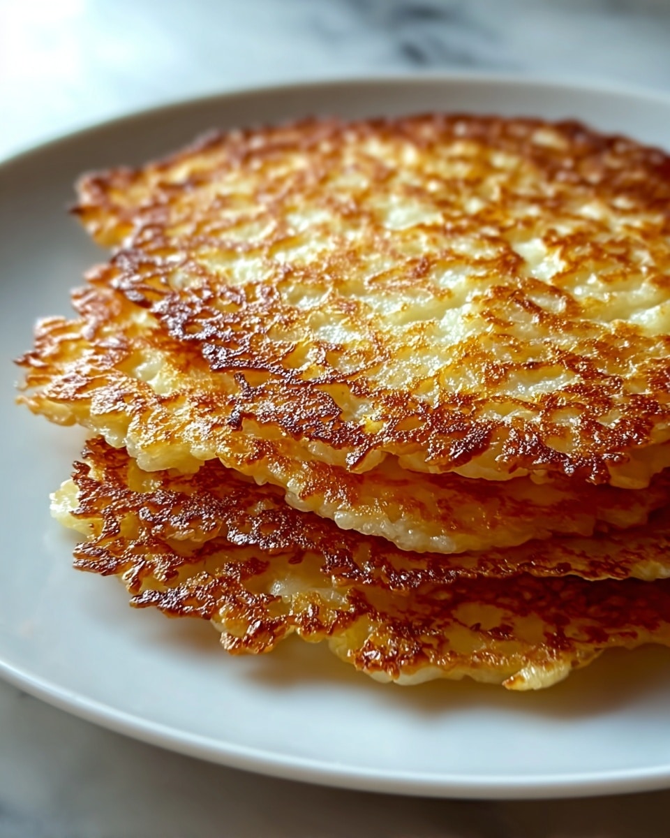 A stack of three crispy, golden-brown potato pancakes sits on a white plate. Each pancake shows a detailed, lacy pattern with a mix of golden and light yellow colors, highlighting their crunchy texture. The edges are uneven and slightly curled, showing the thinness and crispiness. The top pancake is the most in focus, with clear, shiny spots where the light reflects off its surface, while the pancakes beneath are partially visible, adding depth. The white plate rests on a white marbled texture surface. photo taken with an iphone --ar 4:5 --v 7