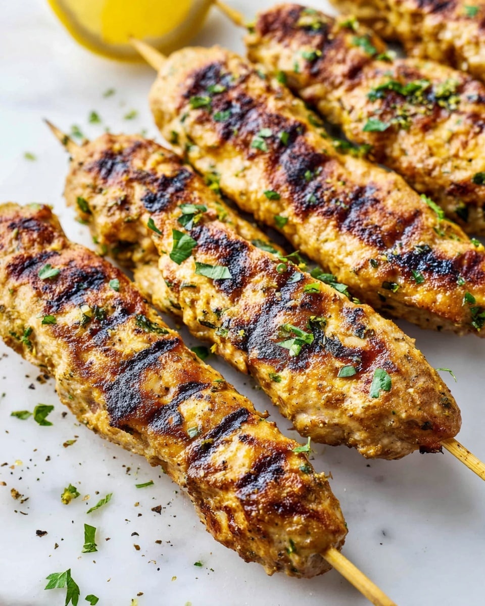 The image shows five grilled chicken skewers placed close together on a white marbled surface. Each skewer has a thick, oval-shaped layer of golden-brown, slightly charred chicken with visible grill marks running horizontally across the surface. The chicken pieces have a textured look with some small green herb bits scattered throughout, which add a touch of green color. The top left corner of the image shows a slice of lemon partially seen, adding a bright yellow contrast to the grilled chicken. Some small sprinkles of fresh chopped green herbs and ground black pepper are scattered across the white marbled surface, enhancing the overall look of the food. photo taken with an iphone --ar 4:5 --v 7