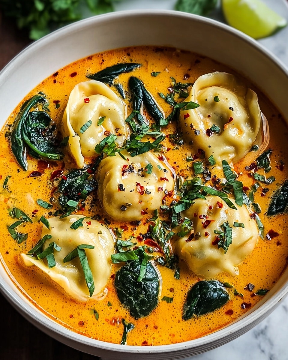 A white bowl filled with seven plump, pale yellow dumplings floating in a rich, orange creamy soup with a smooth texture. Dark green spinach leaves are scattered around the dumplings, and the dish is garnished with finely chopped fresh green herbs on top. Small dots of red chili oil and cracked black pepper add contrast to the bright soup. The bowl sits on a white marbled surface with some leaves and a lime wedge blurred in the background. photo taken with an iphone --ar 4:5 --v 7