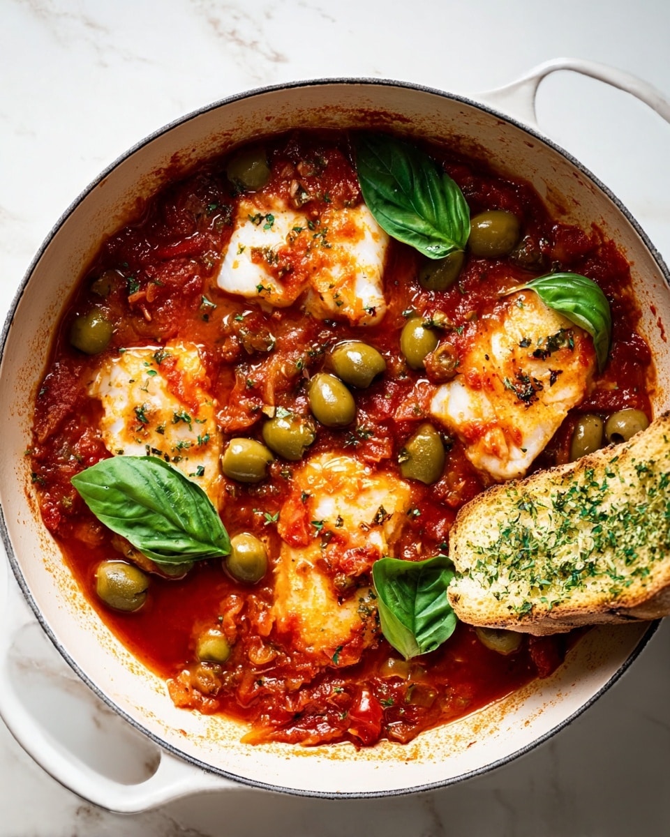 A white pot filled with a rich red tomato sauce with chunks of bright green olives scattered on top. In the sauce are four medium-sized white fish fillets partially covered with the sauce, showing their soft texture. Fresh green basil leaves are placed on and around the fish, adding a touch of color. A single piece of toasted garlic bread with green herbs rests on the edge of the pot. The pot is set on a white marbled surface. photo taken with an iphone --ar 4:5 --v 7