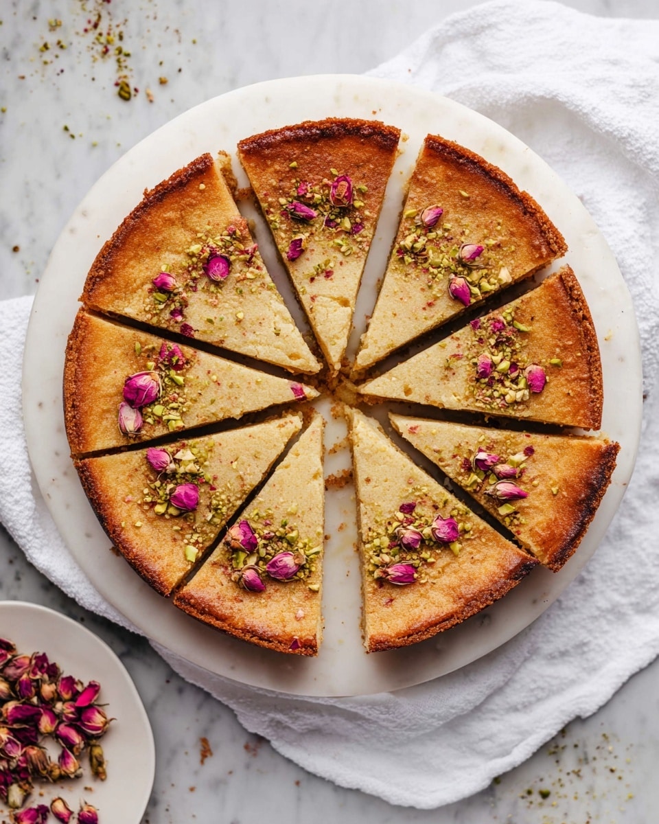 A round pie cut into eight equal slices sits on a white plate, each slice showing a golden-brown crust with a thicker edge and a smooth, light brown filling layer inside. The top of the pie is sprinkled with chopped pistachios and pink dried rose petals, adding color and texture contrast. The pie is placed on a white marbled surface with a white cloth draped around it, and a small white plate with dried rosebuds can be seen nearby. Photo taken with an iphone --ar 4:5 --v 7