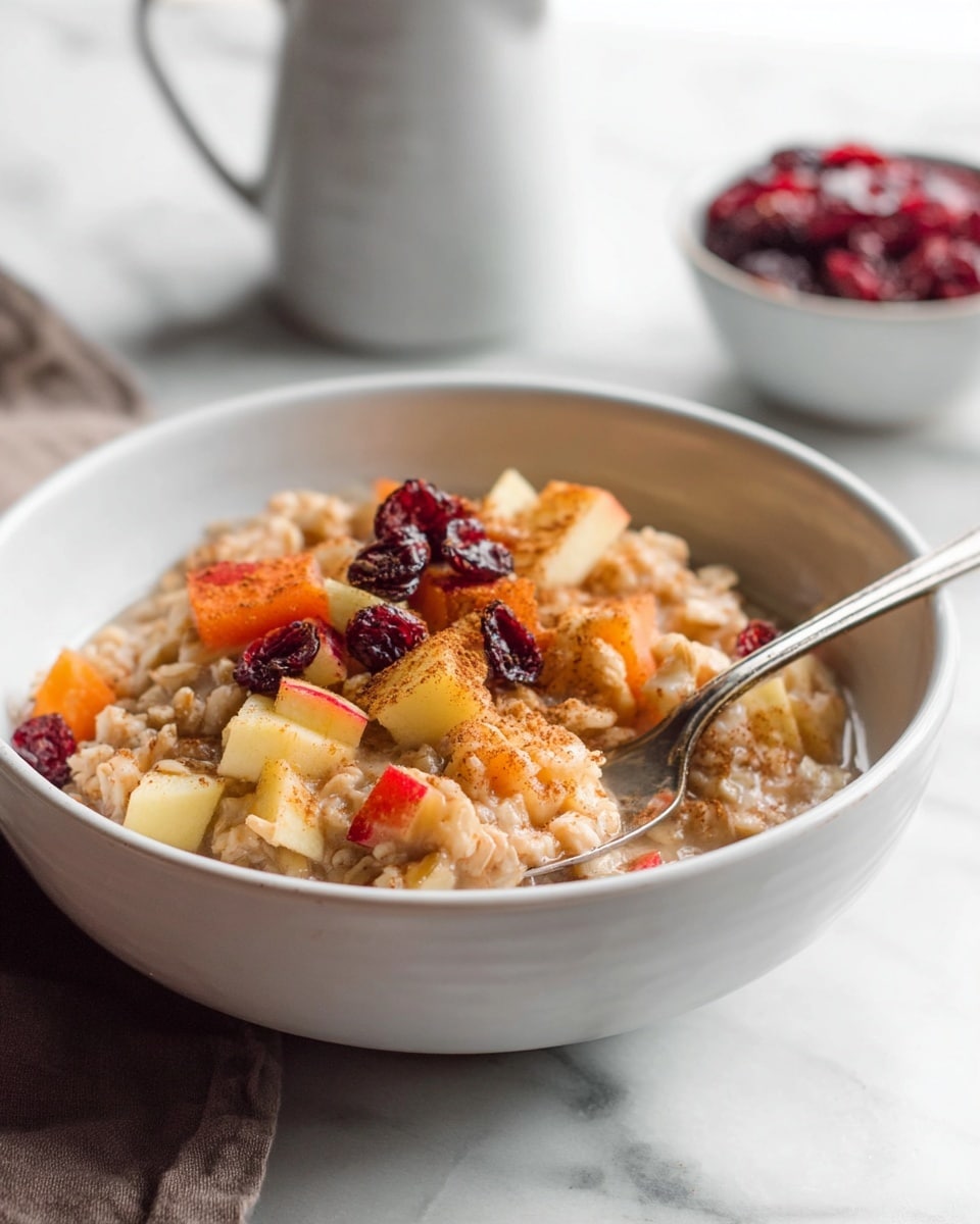 A shallow white bowl holds a layered dish starting with a base of soft, slightly chunky oatmeal with a light beige color and a creamy texture. Mixed into the oatmeal are small, tender pieces of bright orange carrot slices and light yellow apple chunks, scattered evenly. On top of this mixture are several deep red dried cranberries, adding pops of dark color. A light dusting of cinnamon powder is sprinkled over the whole dish. A silver fork rests inside the bowl on the right side, scooping up a mixture of oatmeal, carrot, apple, and cranberry bits. In the blurred background, a smaller white bowl contains more dried cranberries, and part of a white ceramic pitcher is visible. The setting is on a white marble textured surface. photo taken with an iphone --ar 4:5 --v 7