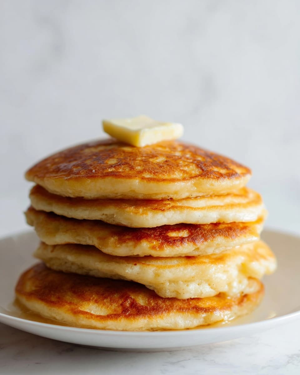 A stack of five thick, golden-brown pancakes sits on a white plate, each pancake showing a slightly crisp and textured edge with a soft, fluffy inside. The top pancake is topped with a small square of melting butter, adding a creamy light yellow contrast to the warm brown surface. The background is a soft, simple white marbled texture that keeps the focus on the pancakes. photo taken with an iphone --ar 4:5 --v 7