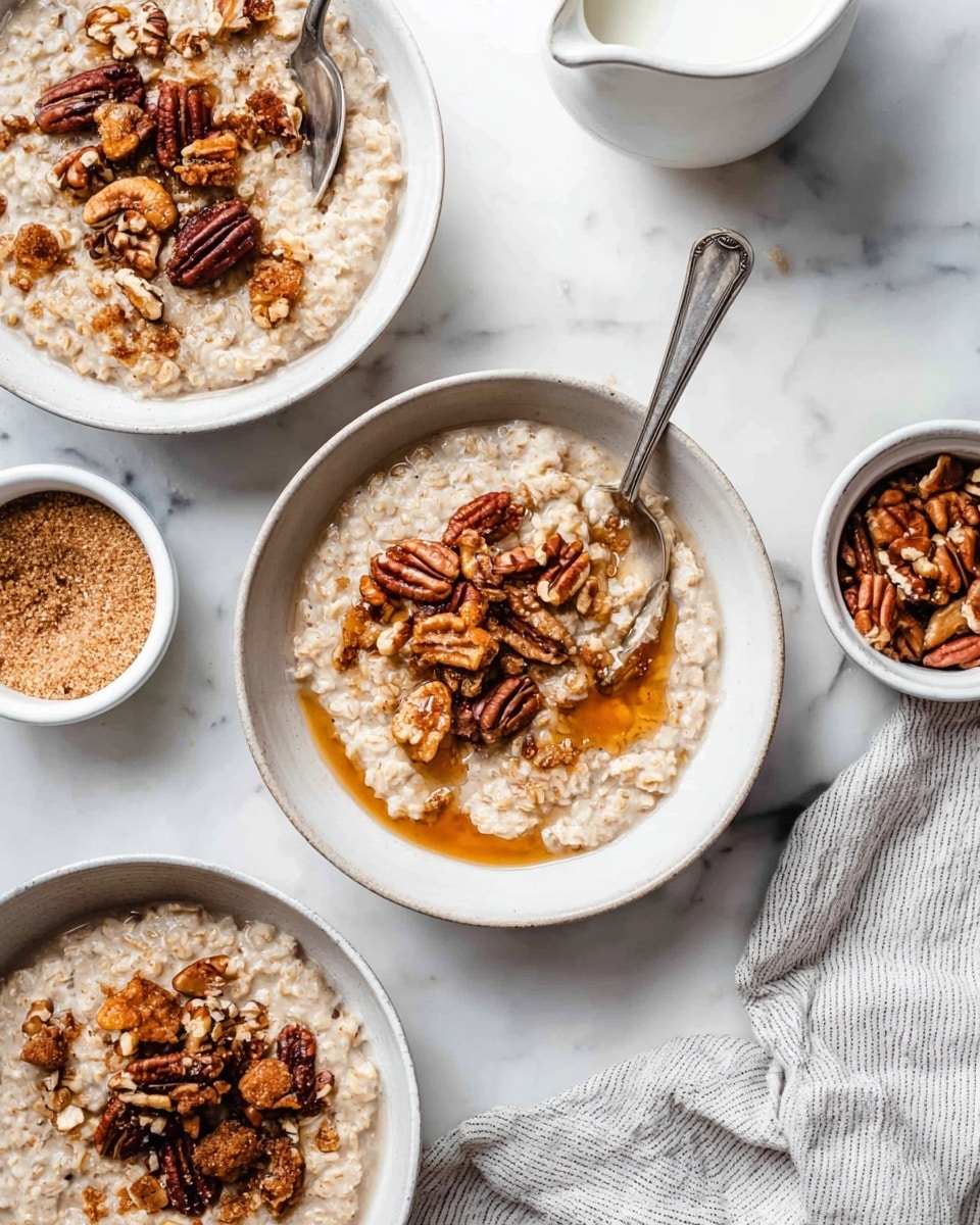The image shows three bowls of oatmeal on a white marbled surface, each bowl filled with creamy, thick oatmeal that has a slightly rough texture. On top of the oatmeal, there are chunks of dark brown pecans and smaller pieces of lighter walnuts scattered evenly across the surface. One bowl in the center has a spoon dipped in it, and this bowl also has a layer of amber-colored syrup pooled around the edges, making the nuts glisten. Nearby, two small white bowls hold more toppings—one with crushed brown sugar and the other with whole pecans. A white pitcher with milk and a light gray striped cloth are placed to the side, completing the cozy breakfast setup. photo taken with an iphone --ar 4:5 --v 7