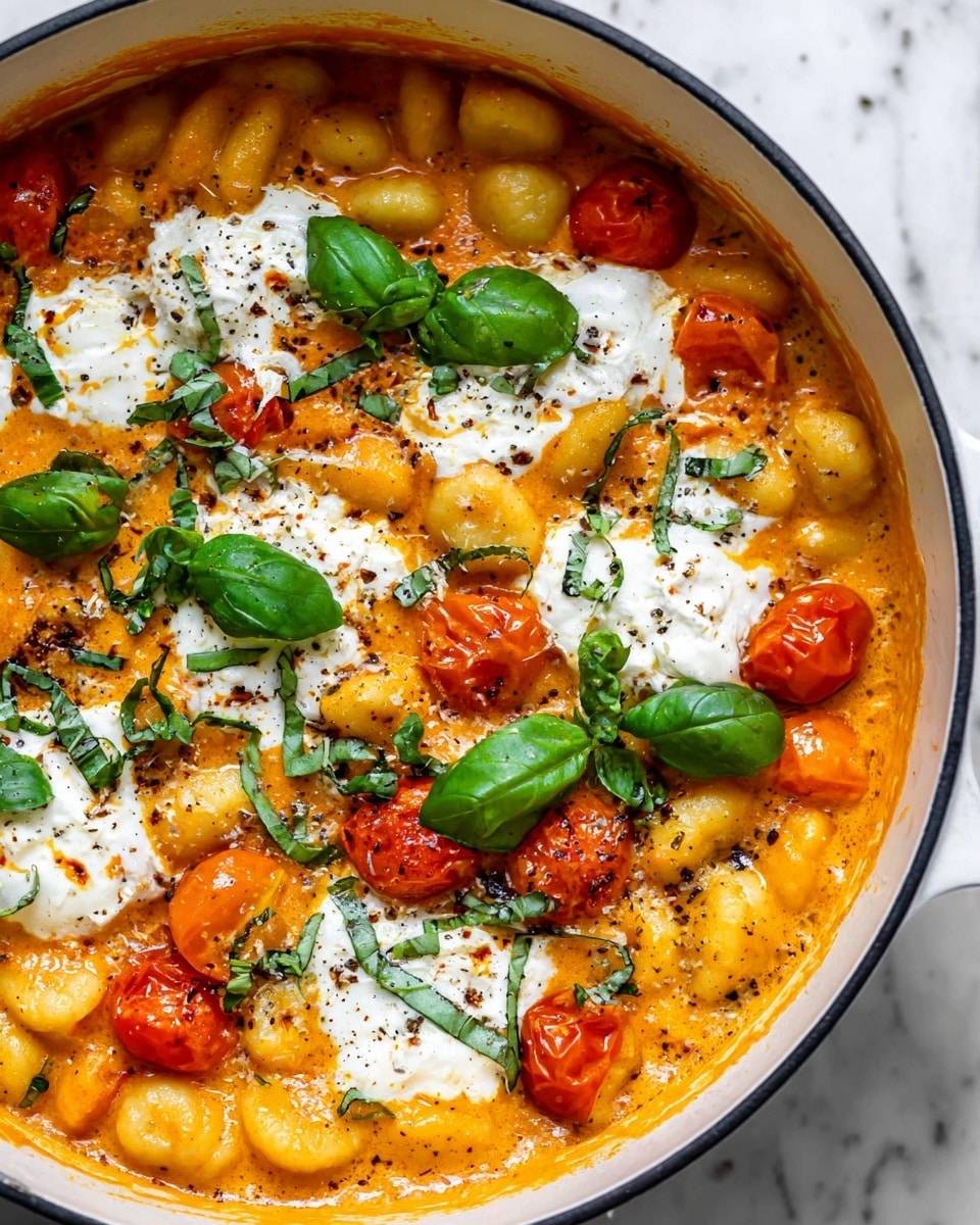 A close-up of a white pot filled with three layers: the first layer shows small, soft gnocchi in a creamy orange sauce with a smooth, slightly glossy texture. The second layer has bright red and orange cherry tomatoes scattered evenly throughout the gnocchi, adding pops of color. The top layer is dollops of white creamy cheese spread around, sprinkled with chopped fresh green basil leaves and cracked black pepper, with a few whole basil leaves placed as garnish. The pot sits on a white marbled surface. photo taken with an iphone --ar 4:5 --v 7