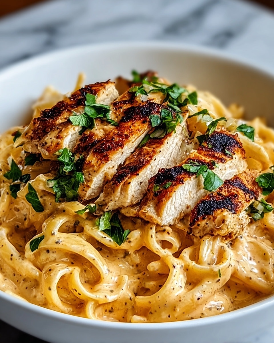 A white bowl filled with creamy pasta layered at the bottom, coated in a smooth, light orange sauce with visible black pepper specks. On top, there are thick pieces of grilled chicken with a golden brown, slightly charred texture. Fresh green parsley leaves are scattered over the chicken, adding a fresh contrast. The bowl is set against a white marbled background. photo taken with an iphone --ar 4:5 --v 7