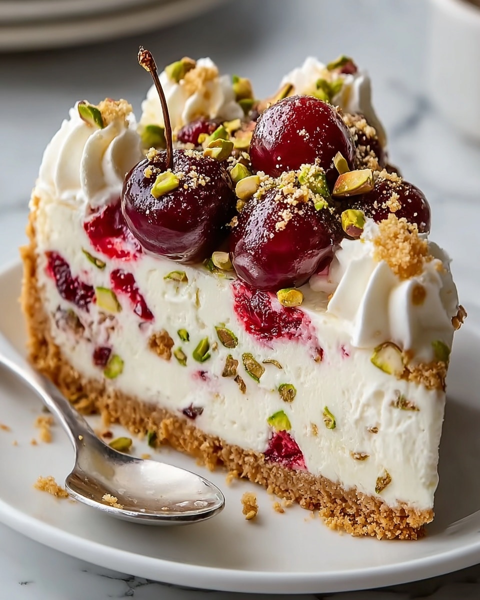 A single slice of creamy cheesecake is shown on a white plate placed on a white marbled surface, featuring three distinct layers: the bottom layer is a golden-brown crumbly crust, the middle layer is thick and smooth white cheesecake speckled with bright green pistachios and some red cherry pieces, and the top layer is a rich topping of whole glossy cherries, halved pistachios, dollops of white whipped cream, and sprinkled golden brown crumbs, all creating a colorful and textured contrast; a silver spoon lies beside the plate. photo taken with an iphone --ar 4:5 --v 7