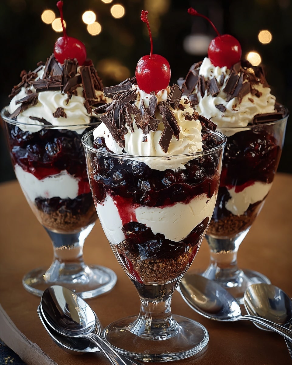 Three tall clear glass dessert cups are filled with layered treats, each cup showing four layers. The bottom layer is smooth and white cream, topped with a crumbly brown layer, then a thick, glossy dark red fruit sauce with whole dark berries. Above this is a large swirl of white whipped cream that holds more dark berries and thin chocolate shavings. Each cup is crowned with a bright red cherry on top. The cups are placed on a warm brown surface with two shiny silver spoons beside them, and the background is softly blurred. Photo taken with an iphone --ar 4:5 --v 7