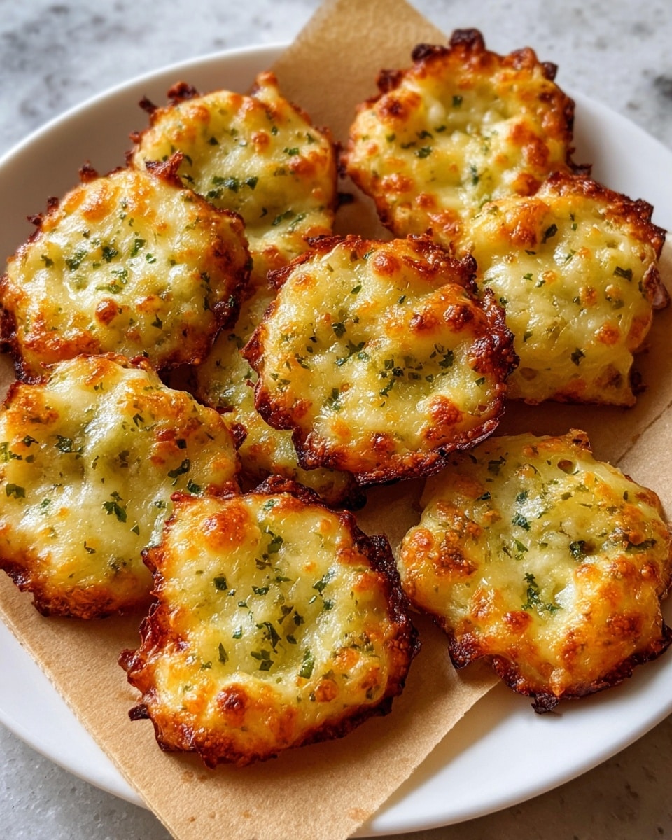 The image shows a white plate with a sheet of brown parchment paper holding nine small golden-brown cheese bites. Each bite is roughly round with slightly uneven, crispy edges, and has a bubbly, melted cheese top mixed with small green herb pieces spread throughout. The texture looks crunchy on the outside and soft in the middle, with a warm, toasted appearance. The bites are arranged in a loose circle filling the plate, all resting on a white marbled surface. photo taken with an iphone --ar 4:5 --v 7