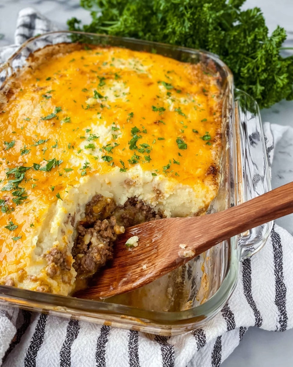 A clear glass baking dish holds a two-layer shepherd's pie. The top layer is smooth, golden-yellow mashed potatoes with a slightly browned, baked texture and small bits of green parsley sprinkled on top. The bottom layer is a creamy, chunky mix of browned ground meat and gravy, light brown in color, visible where a portion has been scooped out. A wooden spoon with some of the mashed potato and meat mixture rests inside the dish. The dish sits on a white and black striped cloth with a bunch of fresh parsley in the background, all on a white marbled surface. photo taken with an iphone --ar 4:5 --v 7
