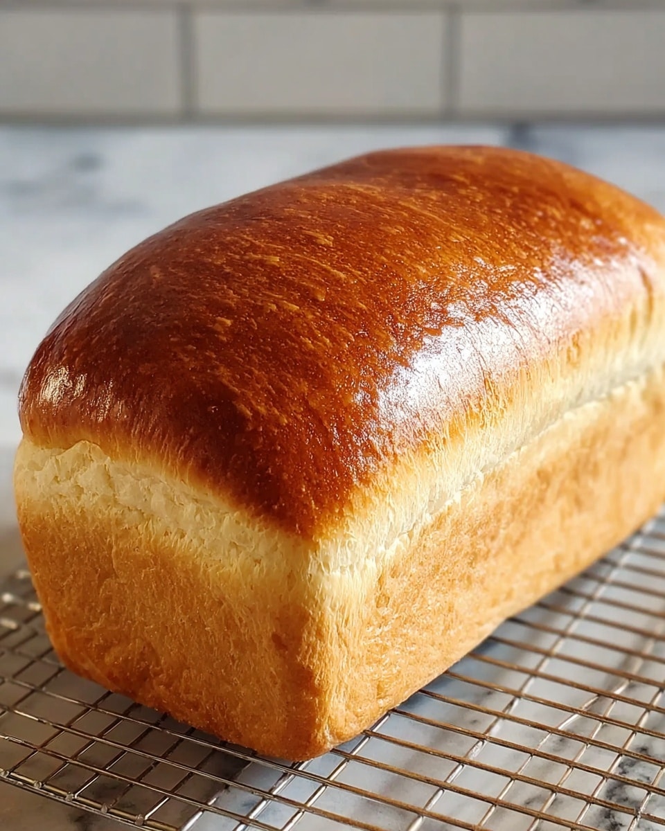 A freshly baked loaf of bread with a shiny, golden brown, smooth top crust resting on a cooling rack, showing light beige soft sides with a slightly textured surface, placed on a white marbled texture background. photo taken with an iphone --ar 4:5 --v 7