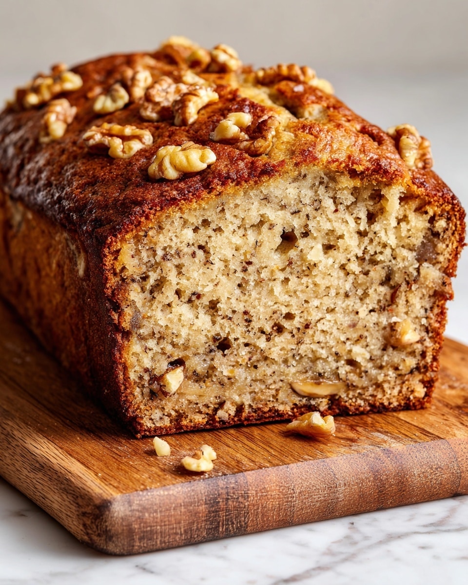 A close-up image of a loaf of banana nut bread with a golden brown crust. The bread is cut to show one thick slice with a soft, moist interior full of small nut pieces and banana bits. The top is textured with a slightly crispy, darker brown layer, dotted with walnut halves embedded in the surface. The loaf rests on a wooden cutting board over a white marbled surface, capturing the moist and fresh look of the bread. photo taken with an iphone --ar 4:5 --v 7