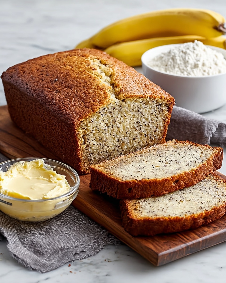 A loaf of banana bread with a golden brown crust and a soft, speckled light yellow inside is shown on a wooden board. Two slices, revealing a moist, grainy texture with dark banana specks, lie flat next to the loaf on the right side. To the left of the board, a small clear glass dish holds a pale yellow spread with a piece on top. In the background on the right, a white bowl filled with white flour sits next to two whole yellow bananas with brown spots. A gray cloth is underneath the board, and the surface beneath is a white marbled texture. Photo taken with an iphone --ar 4:5 --v 7