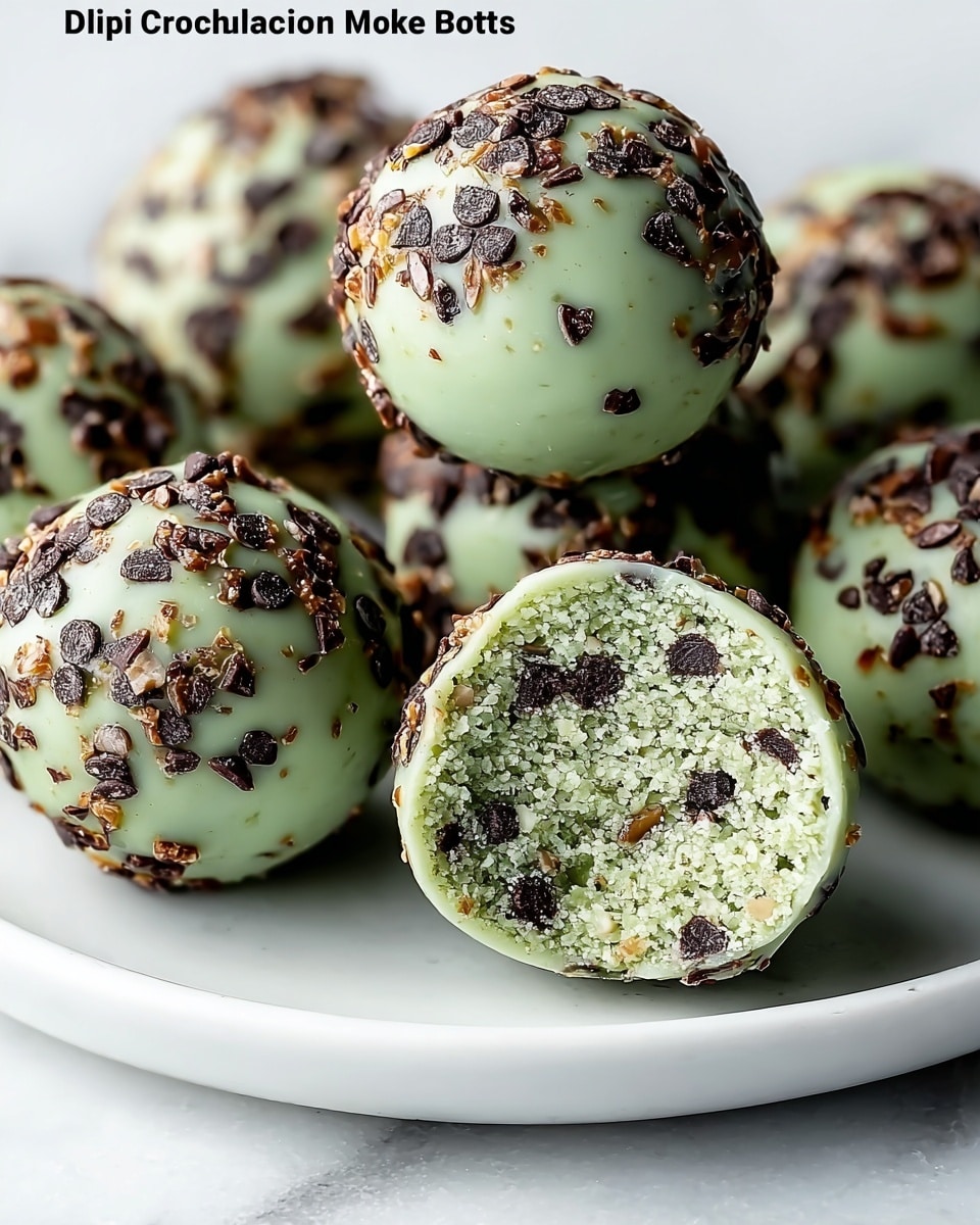 The image shows round protein balls coated with a smooth, pale green layer mixed with small dark chocolate pieces throughout. Each ball has a shiny outer surface sprinkled generously with tiny bits of chocolate and lightly toasted nut fragments, giving a crunchy texture on top. One ball is cut in half to reveal a dense, slightly crumbly light green inside with scattered chocolate chips, highlighting two distinct layers: the glossy minty chocolate chip coating on the outside and the textured protein mixture inside. These balls rest on a white plate over a white marbled background. Photo taken with an iphone --ar 4:5 --v 7
