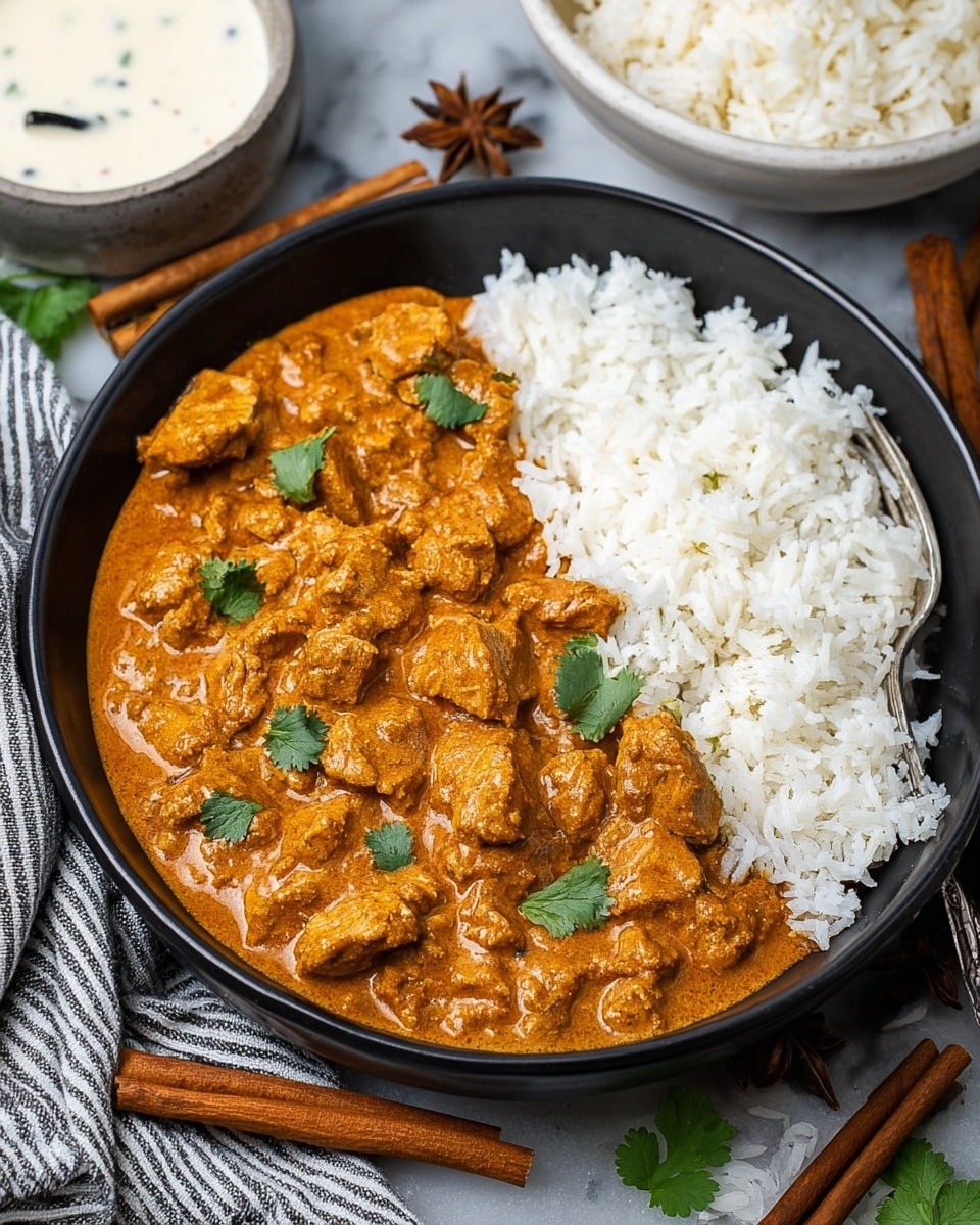 A black bowl holds a dish divided into two main parts: on the left, fluffy white rice with a soft texture, and on the right, a thick, creamy chicken curry covered in a rich orange-brown sauce with visible small chunks of tender chicken and sprinkled with green cilantro leaves. The bowl is placed on a white marbled texture surface with two cinnamon sticks and some cardamom pods beside it. In the background, a white bowl filled with more white rice and another white bowl with a creamy white sauce and a spoon can be seen. A striped cloth napkin is partially visible on the left side. Photo taken with an iphone --ar 4:5 --v 7