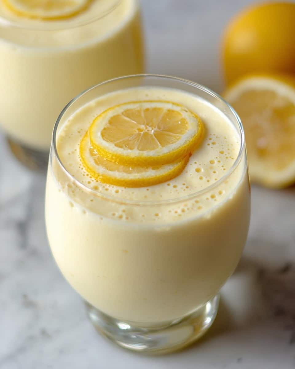 A close-up image of a creamy, pale yellow drink served in a clear glass with a wide round base. The drink has a smooth texture with tiny air bubbles on the surface. On top, there is a thin slice of lemon, bright yellow with a slightly translucent look, placed in the center of the drink. The glass sits on a white marbled surface, and a second similar glass is slightly visible in the background. The photo taken with an iphone --ar 4:5 --v 7