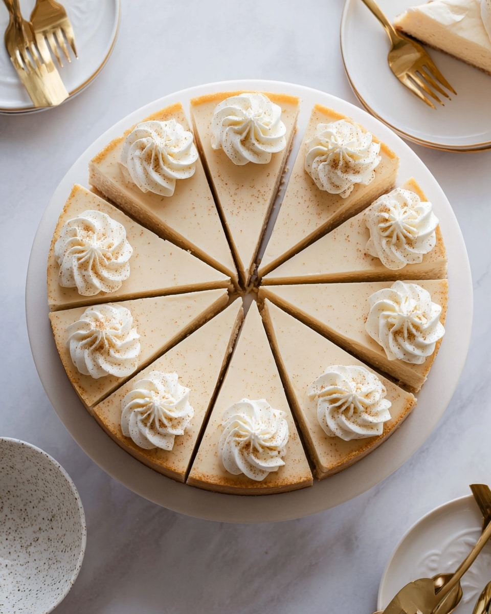 A round cheesecake with twelve neatly cut slices is placed on a white plate. Each slice has a smooth light beige creamy layer on top, above a thin golden-brown crust at the bottom. On top of each slice, there is a swirl of white whipped cream dusted lightly with a sprinkle of cinnamon or nutmeg. The cheesecake sits on a white marbled surface. There is an empty white speckled bowl to the bottom left and part of a white plate with gold fork and knife on the top right that holds a single slice of the cheesecake. Photo taken with an iphone --ar 4:5 --v 7