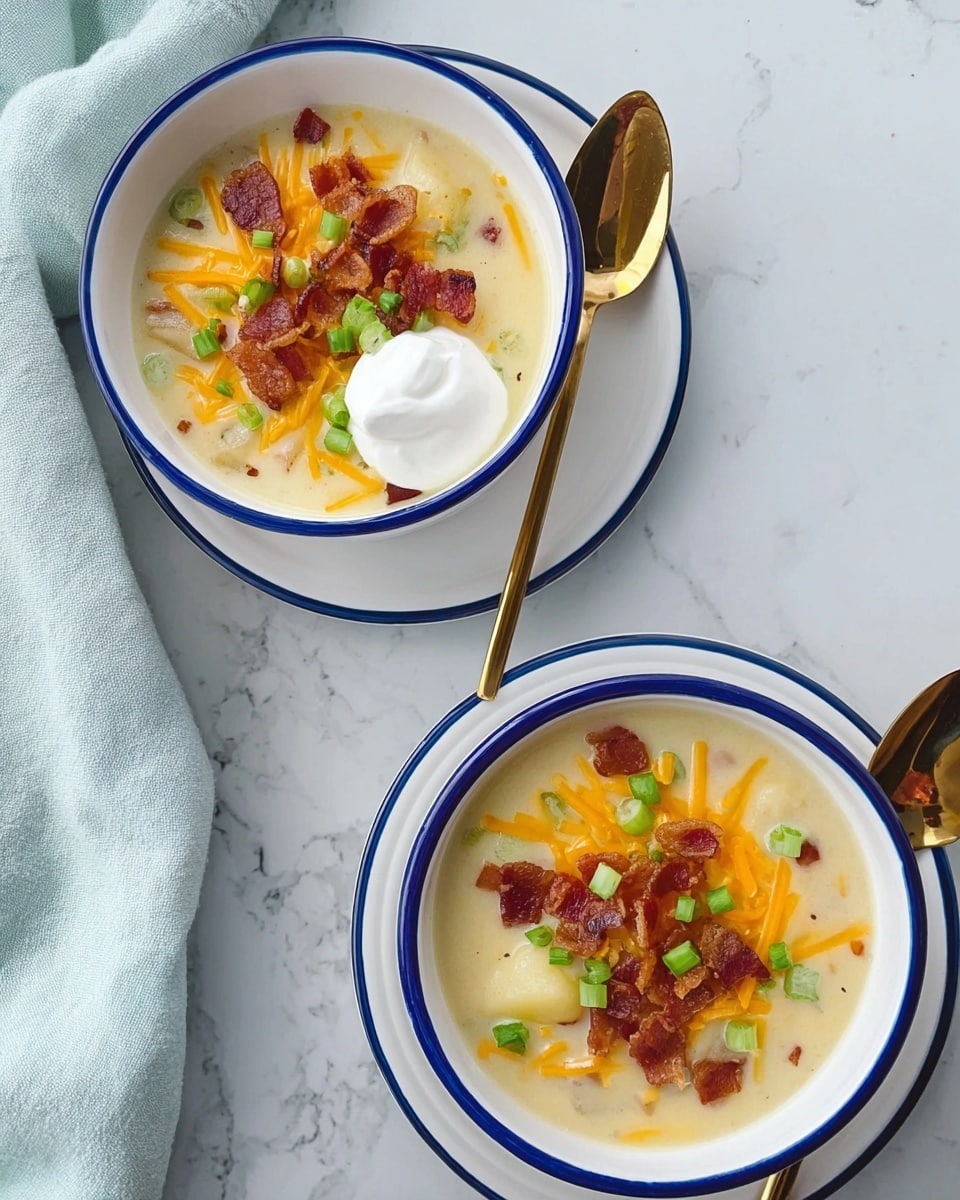 Two white bowls with blue rims sit on matching white plates with blue rims, placed on a white marbled surface. Each bowl is filled with creamy soup that has chunks of potatoes visible inside. On top, there are crispy bacon pieces scattered along with shredded orange cheddar cheese and chopped green onions. A dollop of white sour cream rests near the center of each soup bowl. Gold spoons are placed beside both bowls, one lying on the plate and the other inside the soup. A soft white cloth is partly visible near the top left. photo taken with an iphone --ar 4:5 --v 7