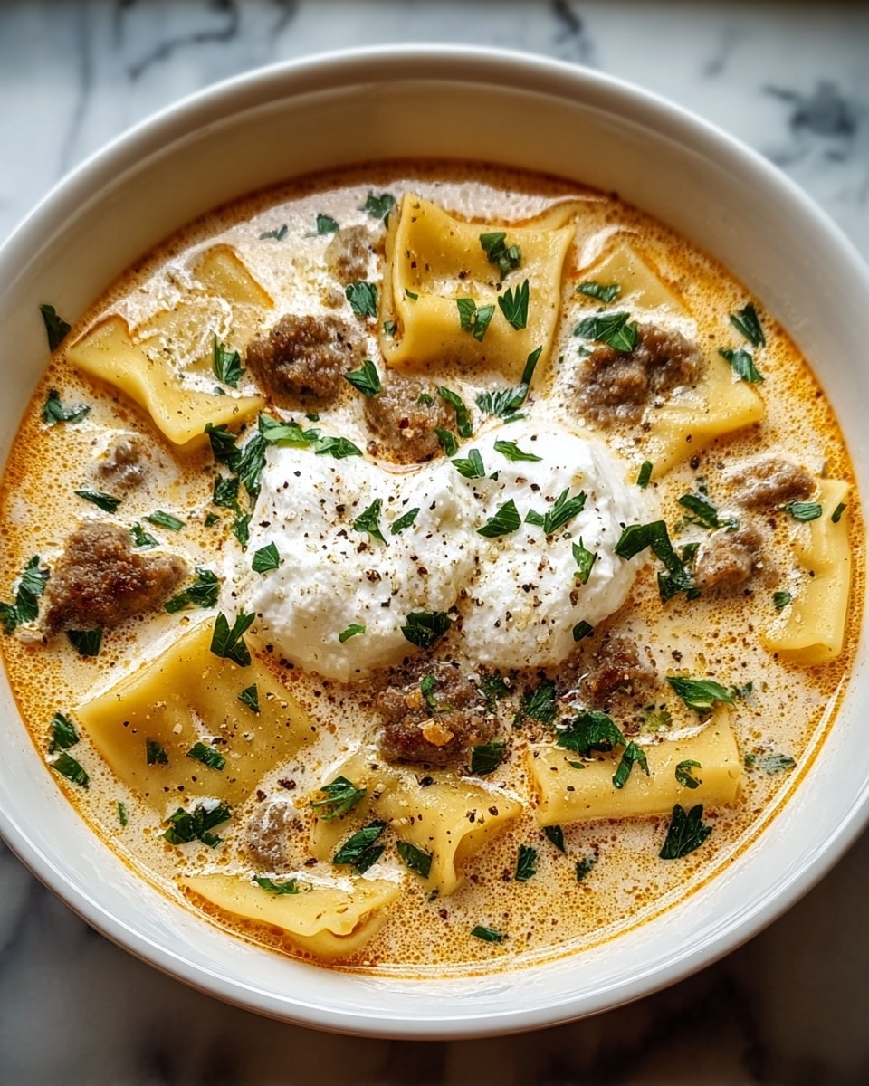 A white bowl filled with a creamy soup that has several layers visible: at the base is a light orange, slightly oily broth mixed with a thicker cream layer giving a smooth texture; floating on top are chunks of soft, light yellow pasta squares and small browned meat pieces scattered evenly; in the center are two dollops of white, fluffy cream or ricotta cheese with a slightly grainy texture; sprinkled all over the top are small green parsley leaves and a light dusting of black pepper; the bowl sits on a white marbled surface. photo taken with an iphone --ar 4:5 --v 7