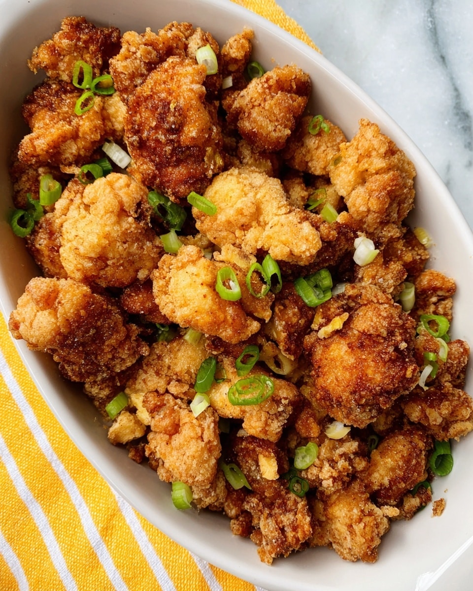 The image shows a white oval dish filled with many pieces of crunchy fried chicken bites. Each piece has a golden-brown color with a rough, crispy texture, some lighter and some darker, showing a mix of frying shades. Scattered on top are small green slices of scallions that add a pop of fresh color. The dish is placed on a yellow cloth with white stripes, and the background is a white marbled surface. photo taken with an iphone --ar 4:5 --v 7