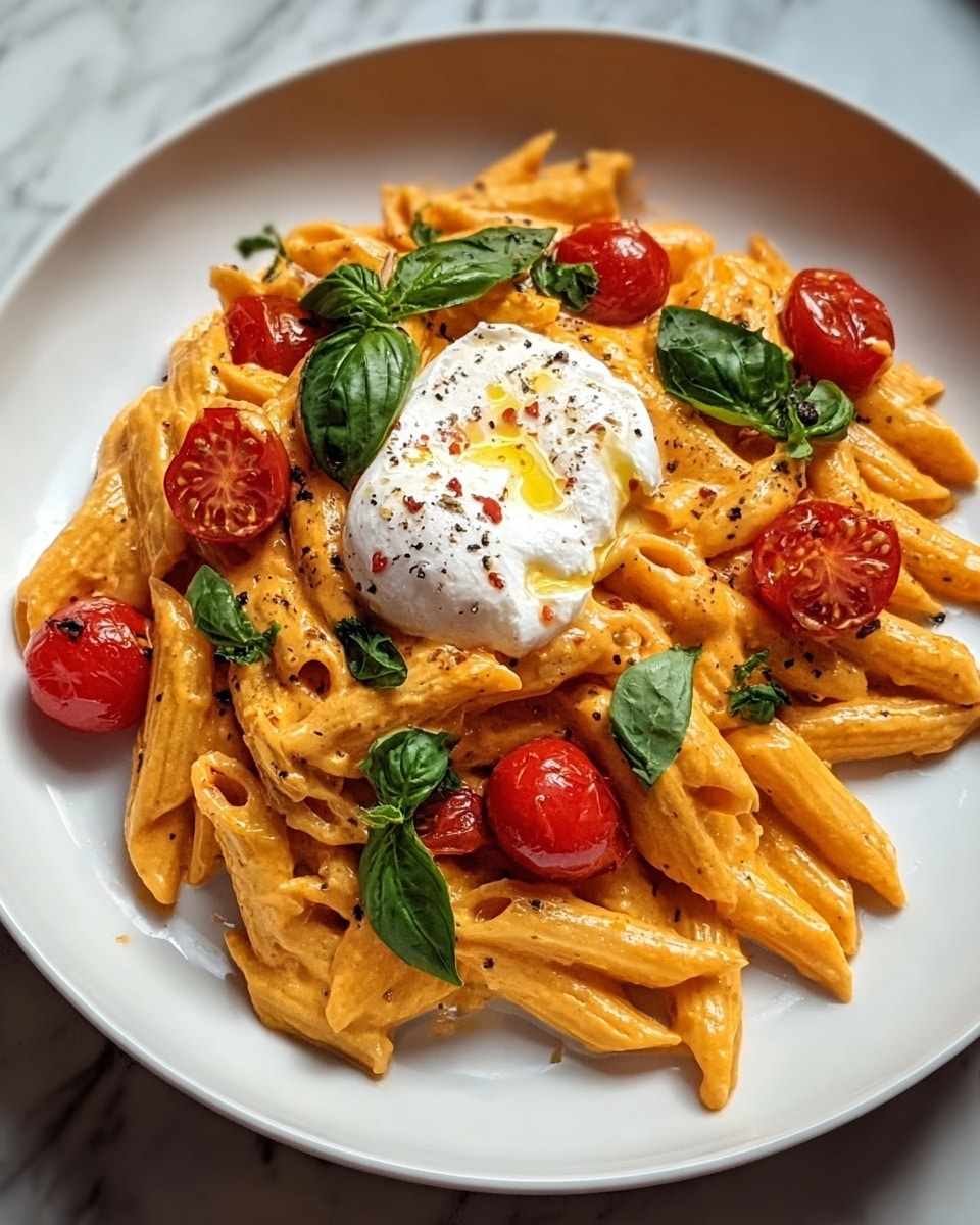 A white plate holds a creamy pasta dish with about two layers of penne pasta covered in a smooth, orange-colored sauce. Scattered on top are bright red halved cherry tomatoes and fresh green basil leaves. In the center, a soft white dollop of cheese sits with a drizzle of olive oil and a sprinkle of black pepper, adding texture and contrast. The background shows a white marbled surface. photo taken with an iphone --ar 4:5 --v 7