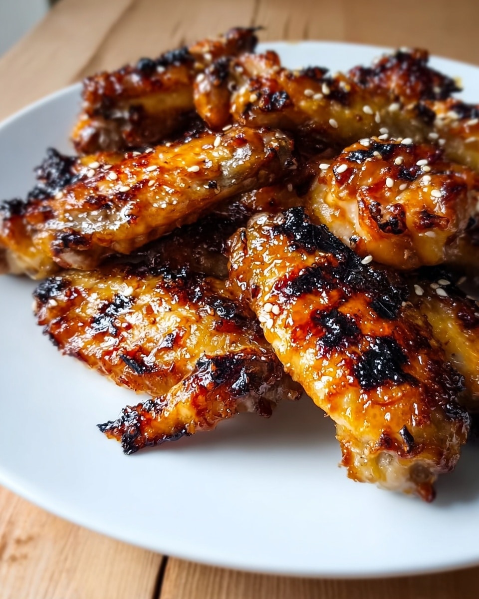 A white plate filled with a pile of glossy, sticky chicken wings coated in a rich, dark reddish-brown sauce with visible specks of green herbs and black pepper. The wings are stacked in several layers, showing texture from the crispy, slightly charred skin and the thick, shiny sauce that glistens under the light. The surface beneath the plate is a white marbled texture, adding a clean and simple background to the close-up shot. Photo taken with an iphone --ar 4:5 --v 7