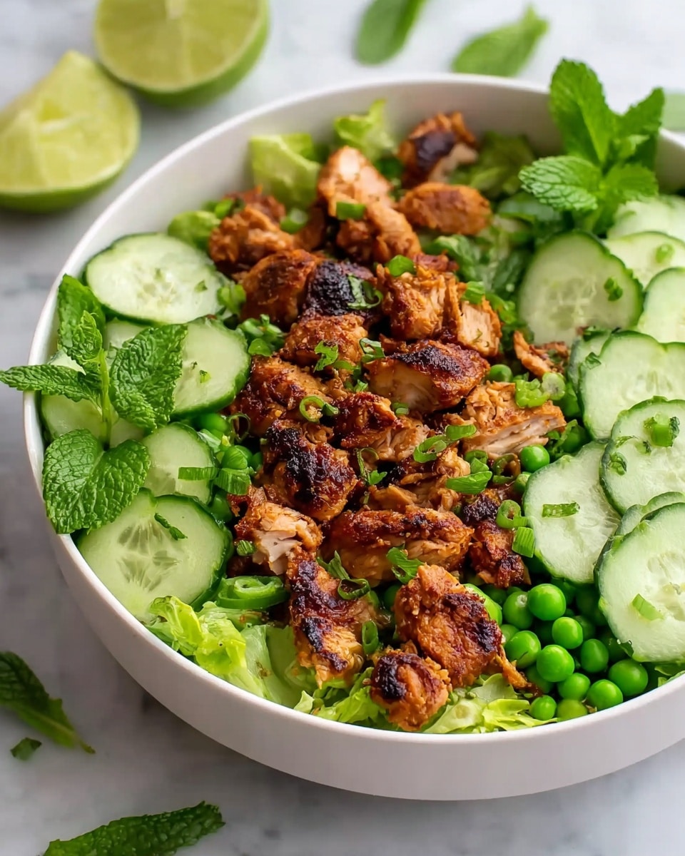 A white bowl filled with a layered dish starting with a base of green leafy lettuce, topped with grilled, slightly charred bite-sized chicken pieces with a golden brown crispy texture. Scattered on top are small bright green peas along with thinly sliced cucumbers placed around the edges. The dish is garnished with fresh mint leaves and finely chopped green onions, all set on a white marbled surface with lime wedges blurred in the background for a fresh touch. photo taken with an iphone --ar 4:5 --v 7