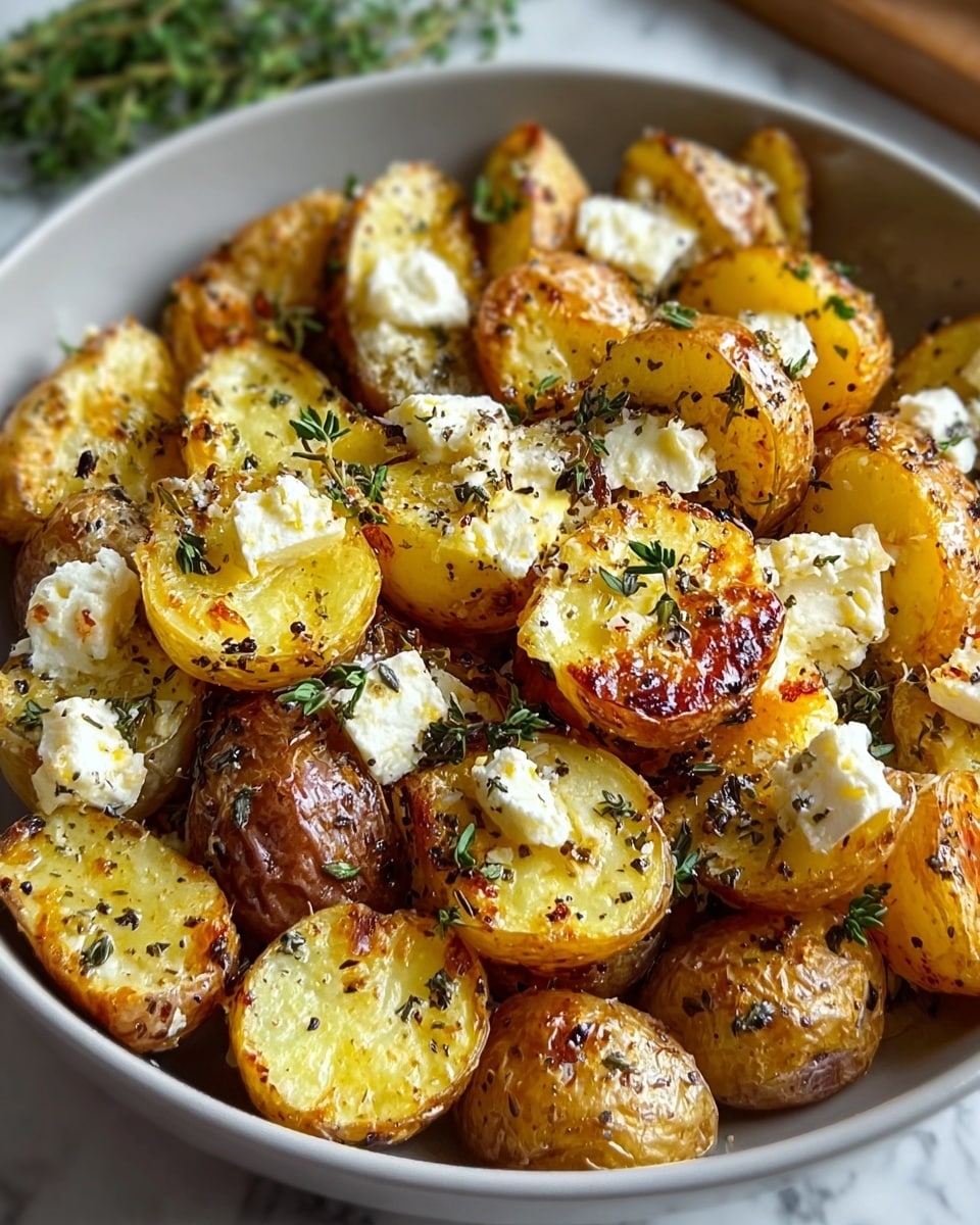 This image shows a round white bowl filled with one layer of roasted small potatoes, each cut in half with crispy golden-brown edges and a soft yellow inside. Scattered on top are white chunks of crumbly cheese, some slightly melted, and dark green fresh thyme sprigs adding color contrast. The potatoes are sprinkled with black pepper and herbs, giving a speckled look on the golden surface. The bowl sits against a white marbled background with some green thyme leaves blurred in the back. Photo taken with an iphone --ar 4:5 --v 7